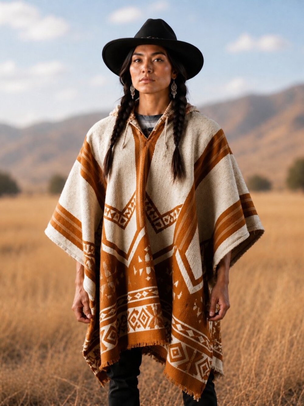 Mens Womens Hooded 100% Wool Poncho Southwestern Handwoven Pullover Cloak Coat